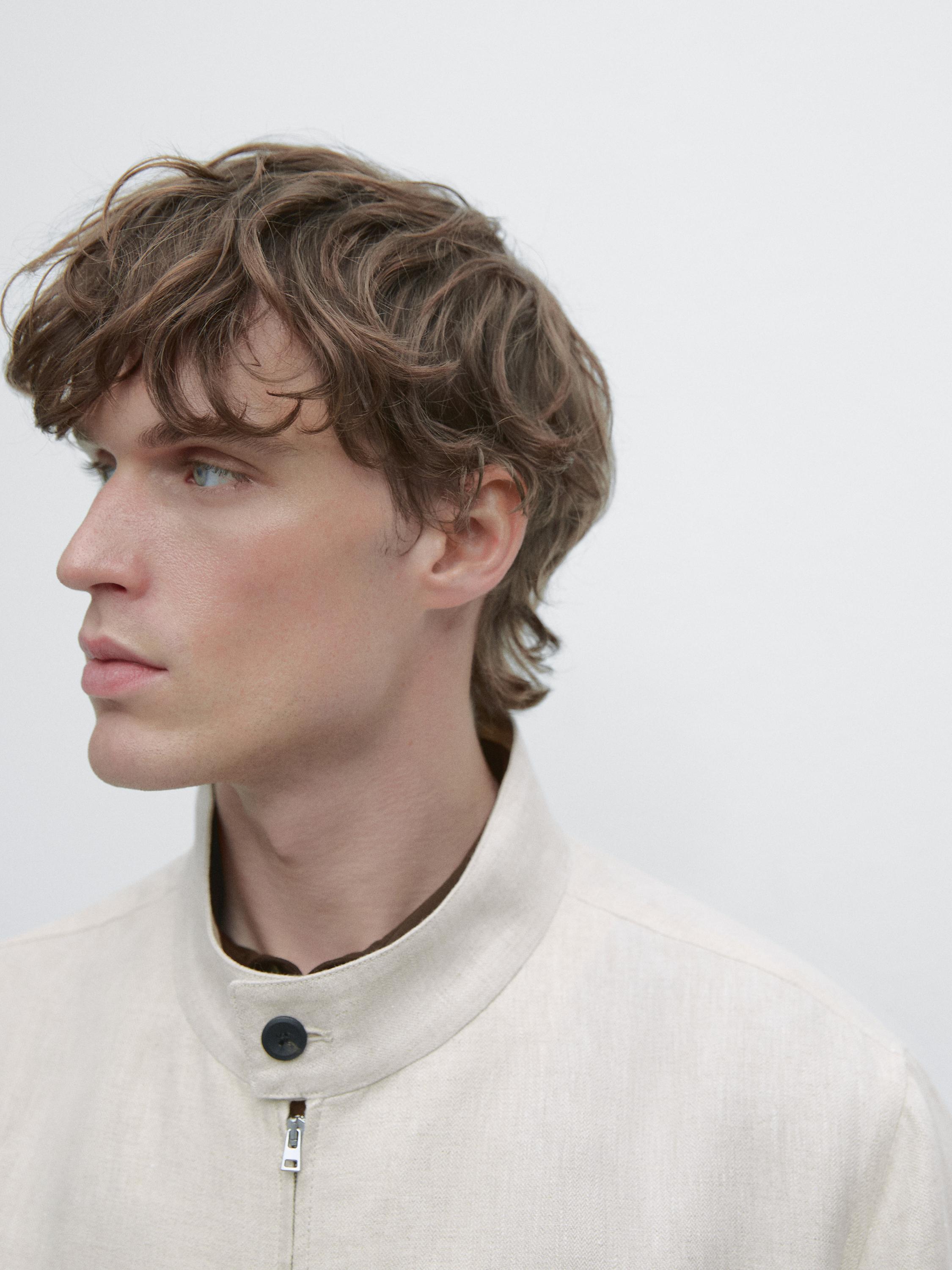 Short linen jacket with herringbone detail